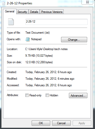 Windows 7 Properties, General File Tab